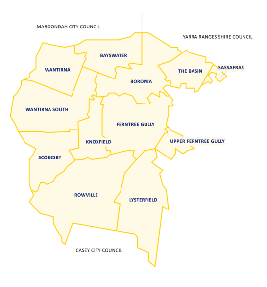 Map of Knox LGA listing suburbs